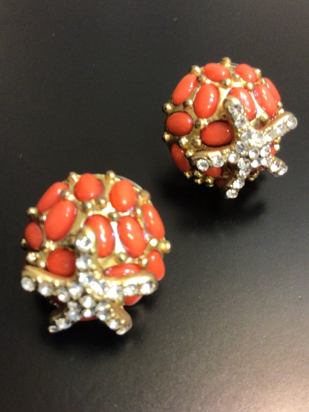 Faux Coral Rhinestones Starfish Pierced Gold-tone Earrings